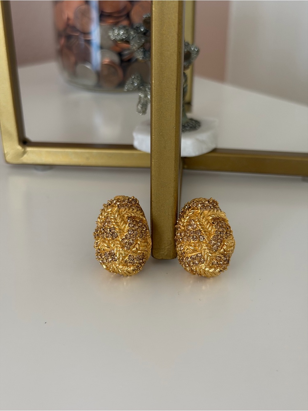 Pre-Owned St. John Gold-Tone Textured Crystal Pave Clip-On Statement Earrings